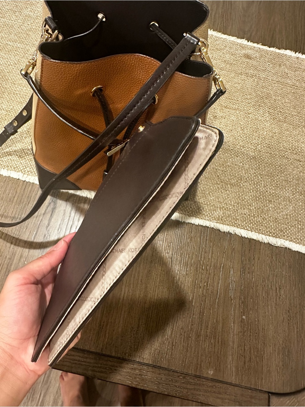 Michael Kors Brown and Tan Pebbled Leather Drawstring Shoulder Bag - Picture 7 of 16
